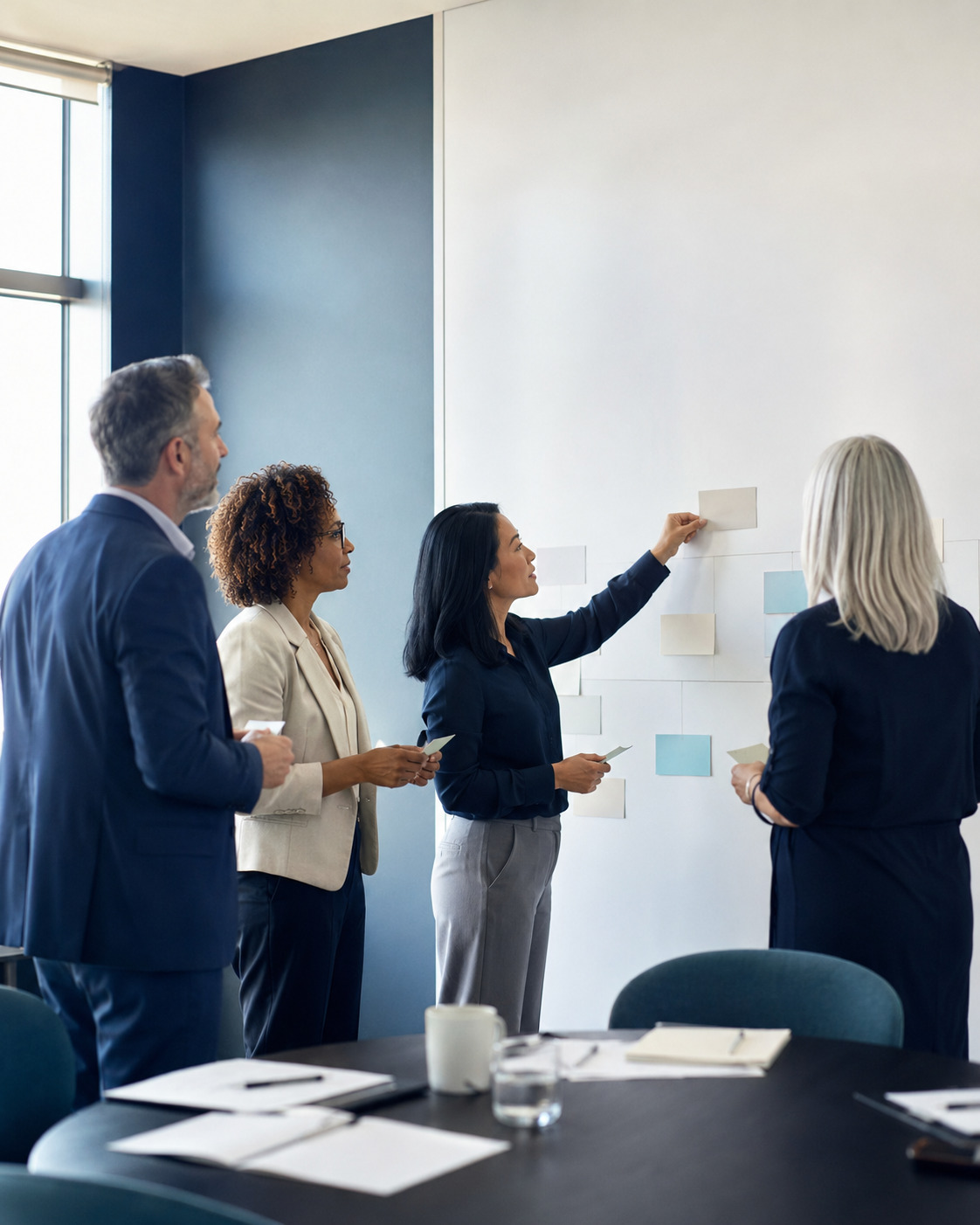 Líderes empresariales revisando un flujo de trabajo de adquisiciones